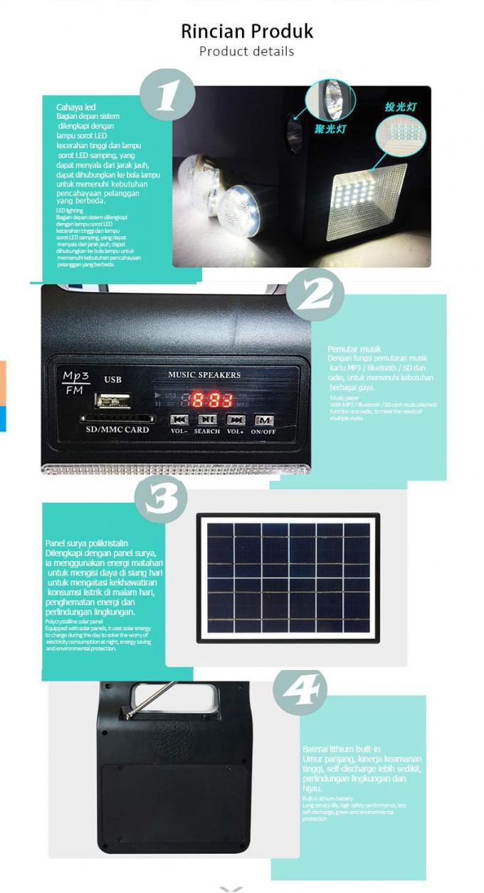 Iluminação solar do sistema de energia da casa com luzes de emergência de acampamento exteriores de rádio do falho elétrico de Bluetooth